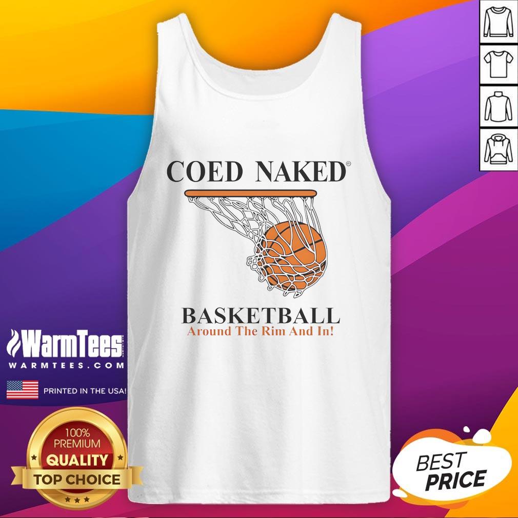 Coed naked basketball game with players in tank tops, showcasing teamwork and fun around the rim and in.