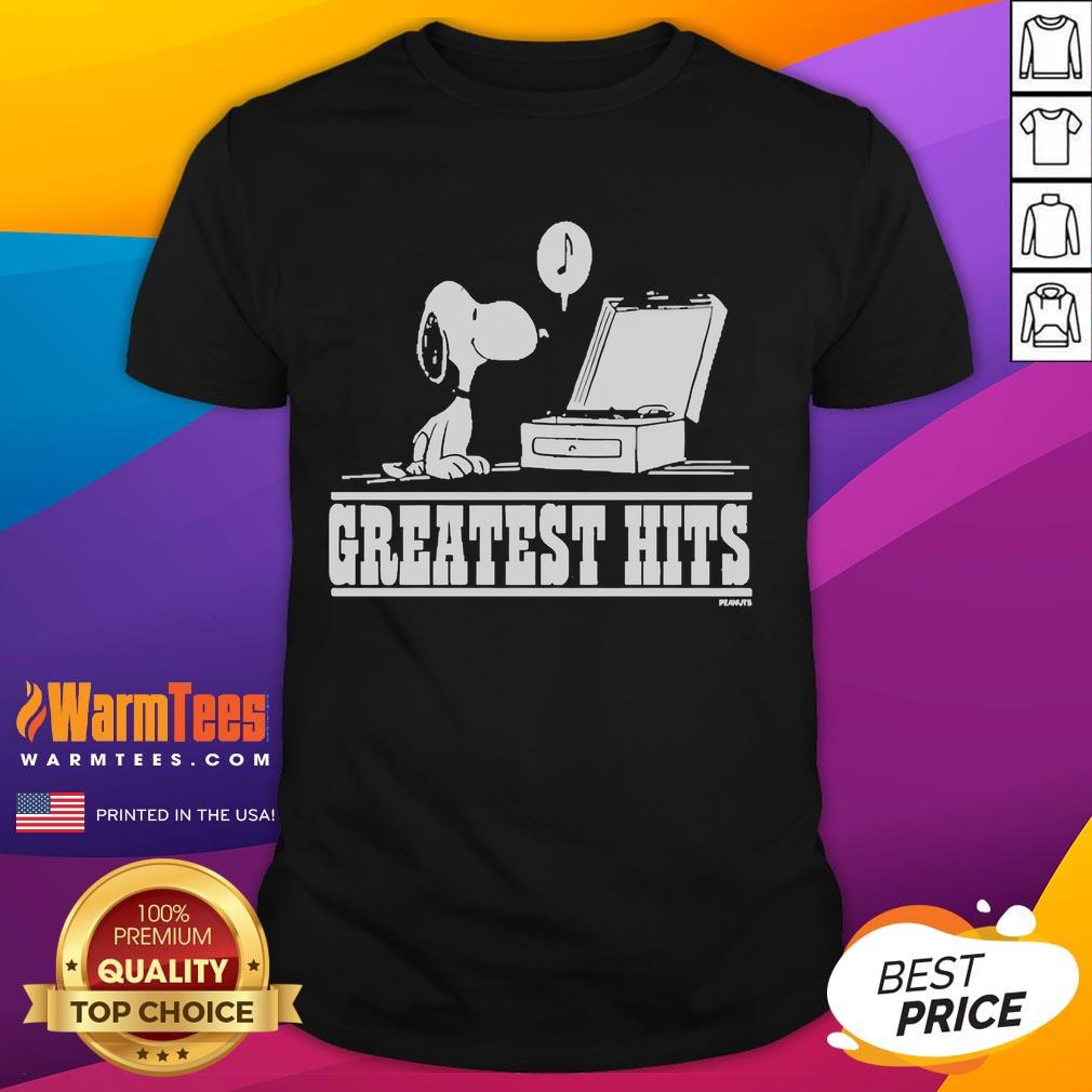 Alt Text: Awesome Greatest Hits X Snoopy Peanuts T-Shirt featuring colorful graphics of Snoopy and friends on a stylish tee.