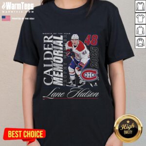 Awesome Lane Hutson Black Montreal Canadiens 2025 Calder Memorial Trophy Winner Ladies Tee featuring team logo and stylish design.