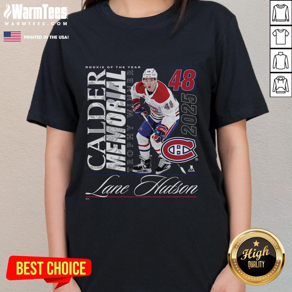 Awesome Lane Hutson Black Montreal Canadiens 2025 Calder Memorial Trophy Winner Ladies Tee featuring team logo and stylish design.