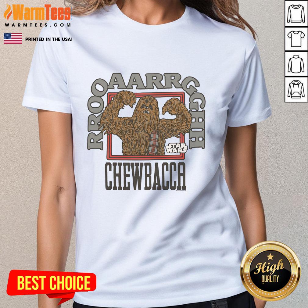 Awesome Star Wars Wookie Roar Chewbacca Ladies Tee featuring a bold graphic of Chewbacca and vibrant colors.