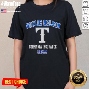 Awesome Texas Rangers x Willie Nelson's Tour 2025 Germania Insurance ladies tee featuring vibrant graphics and team colors.
