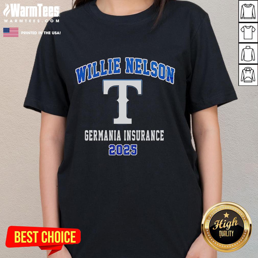 Awesome Texas Rangers x Willie Nelson's Tour 2025 Germania Insurance ladies tee featuring vibrant graphics and team colors.