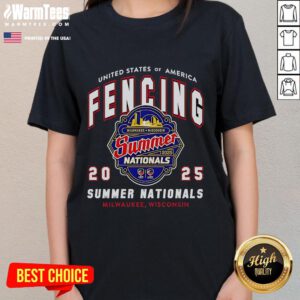 Alt Text: Awesome United States of America Fencing 2025 Summer Nationals Milwaukee Wisconsin logo on a ladies tee shirt.