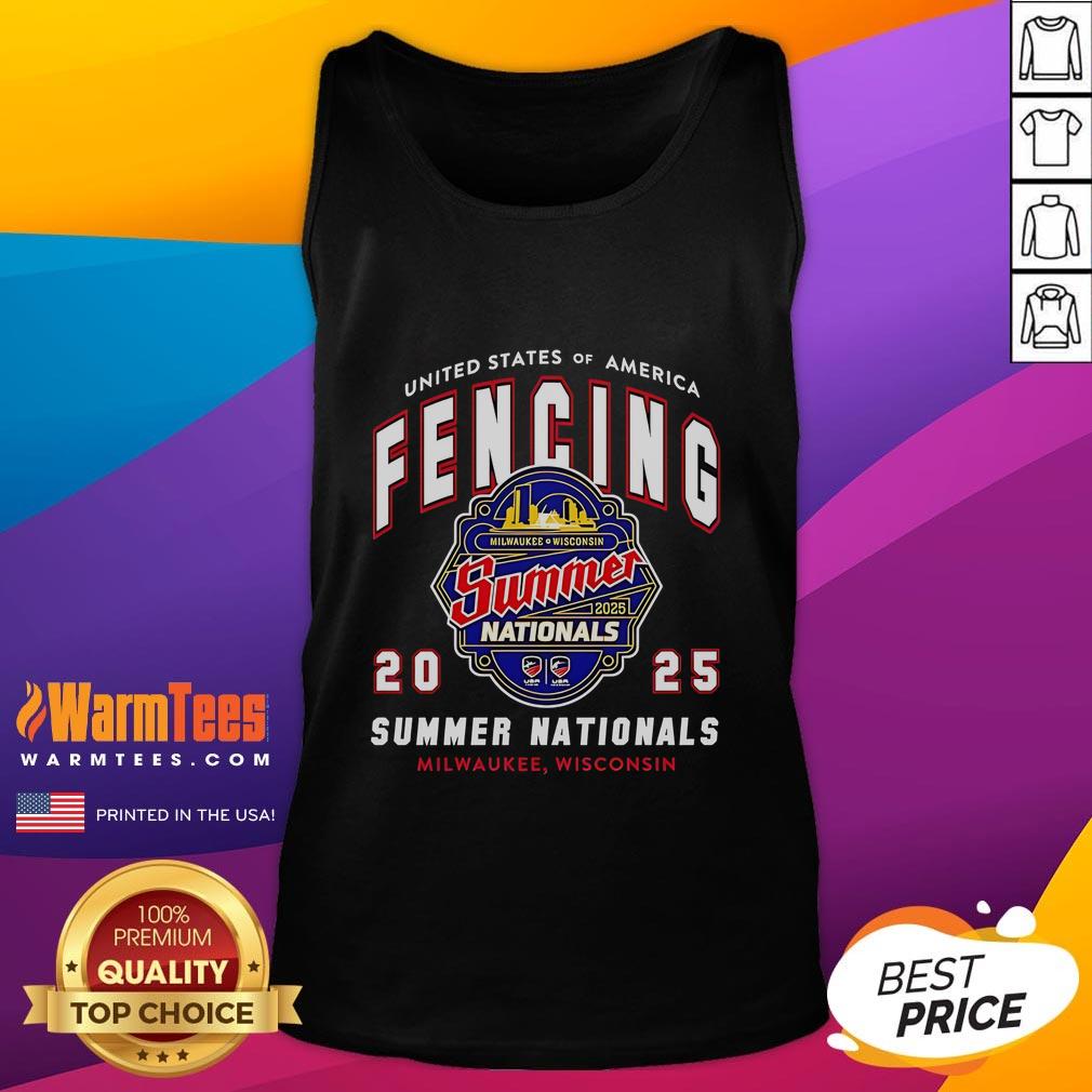 Awesome United States of America Fencing 2025 Summer Nationals logo on a tank top, Milwaukee, Wisconsin design.