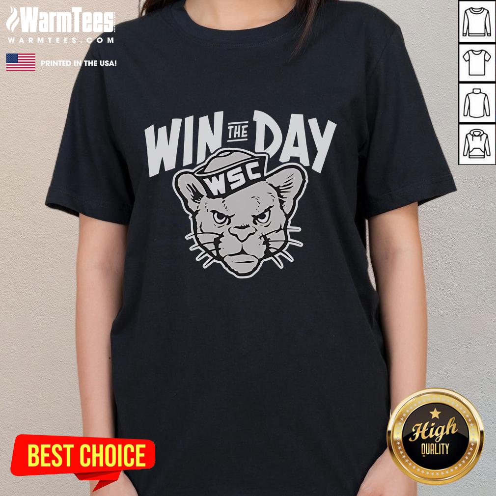 Awesome Win The Day WSC Cougar mascot ladies tee featuring a vibrant design perfect for school spirit and casual wear.