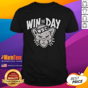 Alt Text: Awesome Win The Day WSC Cougar mascot t-shirt featuring vibrant colors and unique design for school spirit.