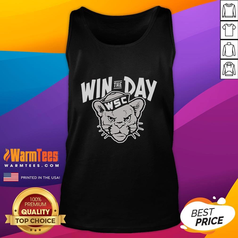 Alt Text: Awesome Win The Day WSC Cougar mascot tank top featuring a bold design, perfect for sports fans and summer wear.
