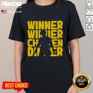 Alt Text: Silhouette of a PUBG player celebrating victory in an 'Awesome Winner Winner Chicken Dinner' ladies tee.