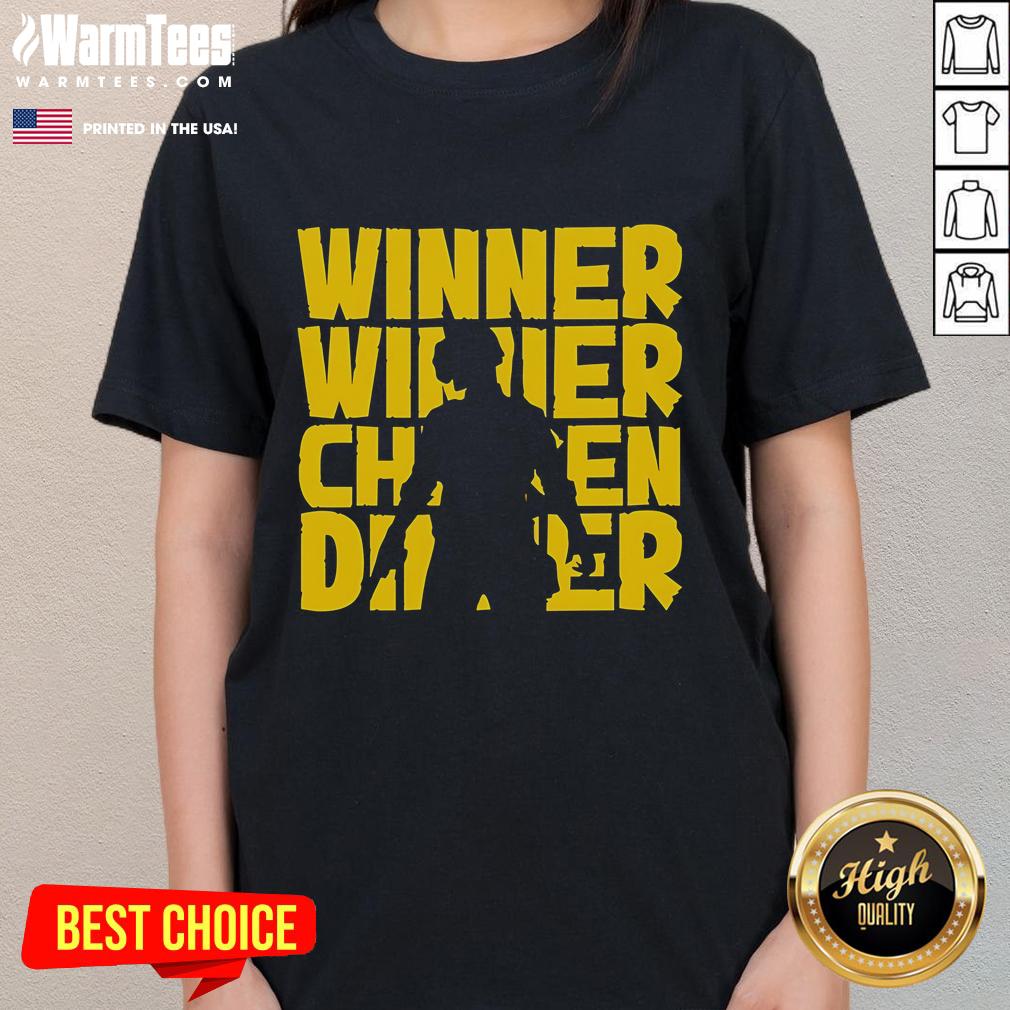 Alt Text: Silhouette of a PUBG player celebrating victory in an 'Awesome Winner Winner Chicken Dinner' ladies tee.