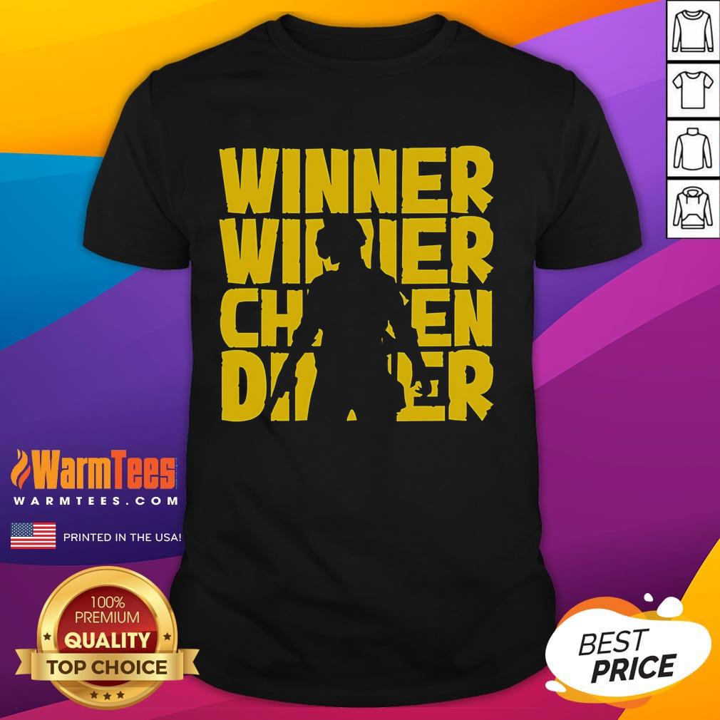 Silhouette of a PUBG player in an 'Awesome Winner Winner Chicken Dinner' T-shirt, perfect for gaming enthusiasts.