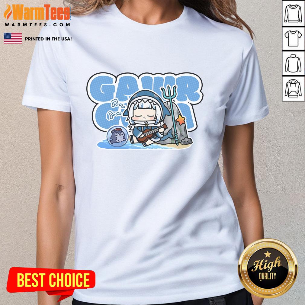 Alt Text: Cute Bioworld Gawr Gura Beach Chibi Ladies Tee featuring a vibrant design of Gawr Gura at the beach.