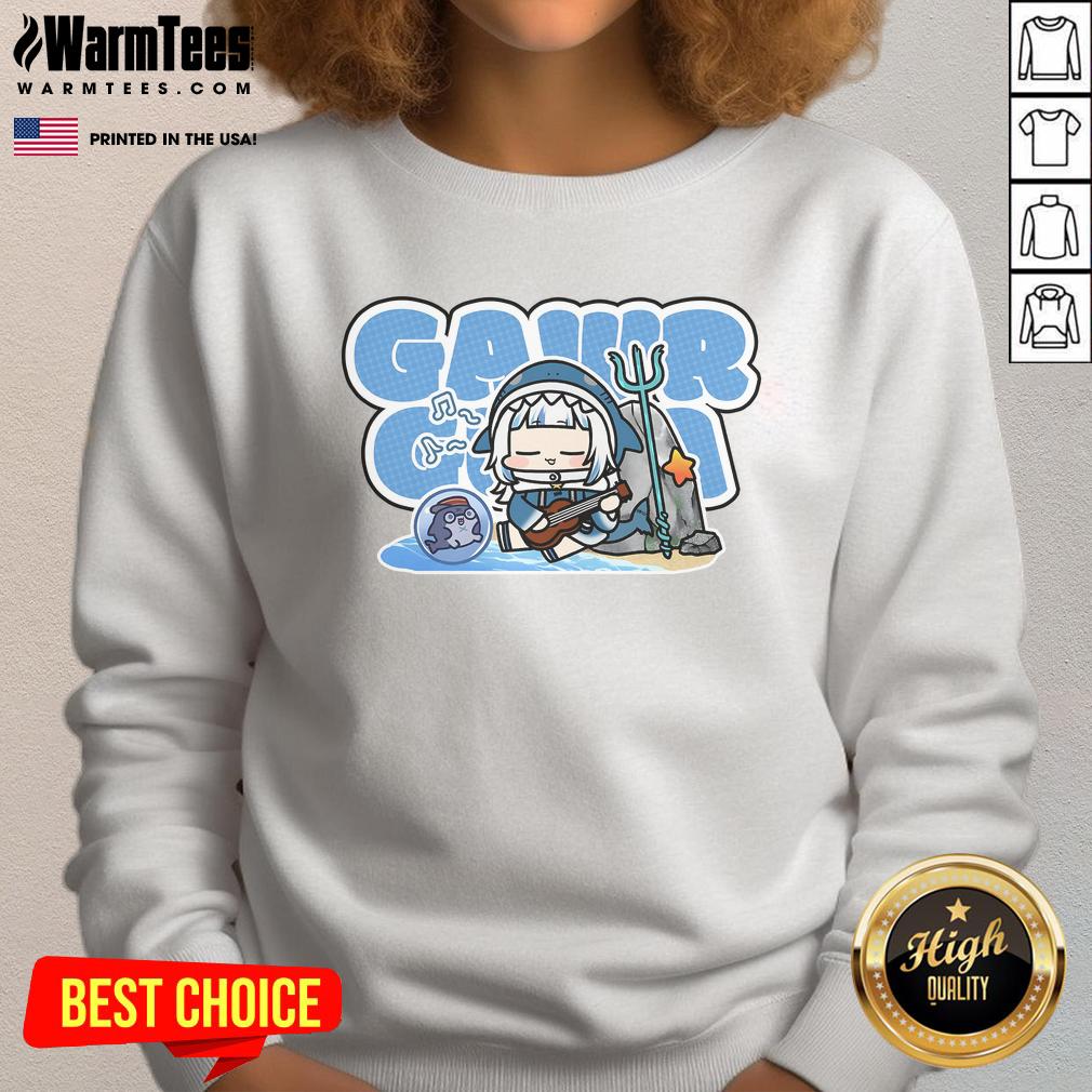Alt Text: Cute Bioworld Gawr Gura Beach Chibi Sweatshirt featuring vibrant colors and adorable Gawr Gura character design.