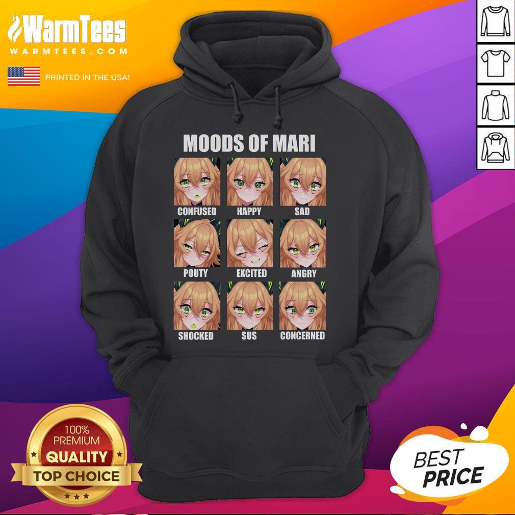 Cute moods of Mari in an anime hoodie: confused, happy, sad, pouty, excited, angry, shocked, sus, concerned expressions.