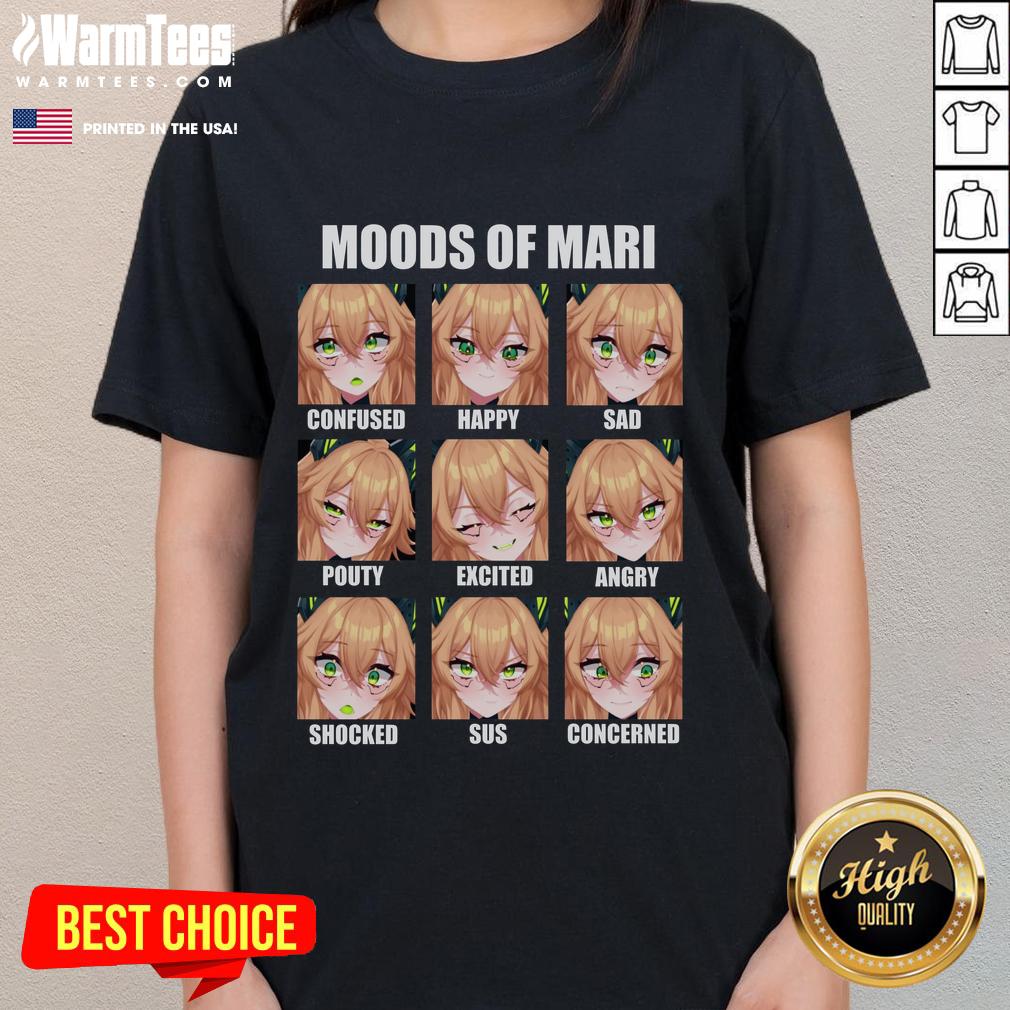 Cute moods of Mari featuring anime ladies expressing confused, happy, sad, pouty, excited, angry, shocked, and concerned.