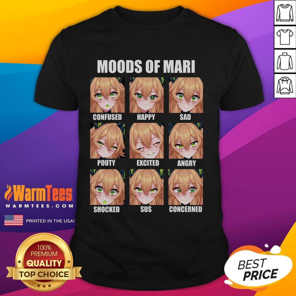 Alt Text: Cute Moods of Mari anime T-shirt featuring expressions like confused, happy, sad, pouty, excited, angry, shocked, and concerned.