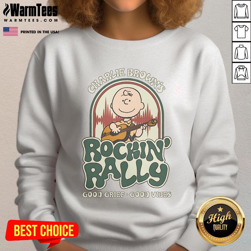 Cute Peanuts Charlie Brown Rockin Rally sweatshirt featuring 'Good Grief Good Vibes' design in vibrant colors.
