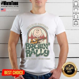 Alt Text: Cute Peanuts Charlie Brown Rockin' Rally Good Grief Good Vibes T-Shirt featuring vibrant graphics and fun design.