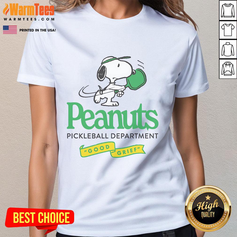 Alt Text: Cute Peanuts pickleball department Good Grief ladies tee featuring a playful design for pickleball enthusiasts.