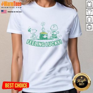 Alt Text: Cute Peanuts Snoopy Feeling Lucky ladies tee featuring a playful Snoopy design, perfect for casual wear.