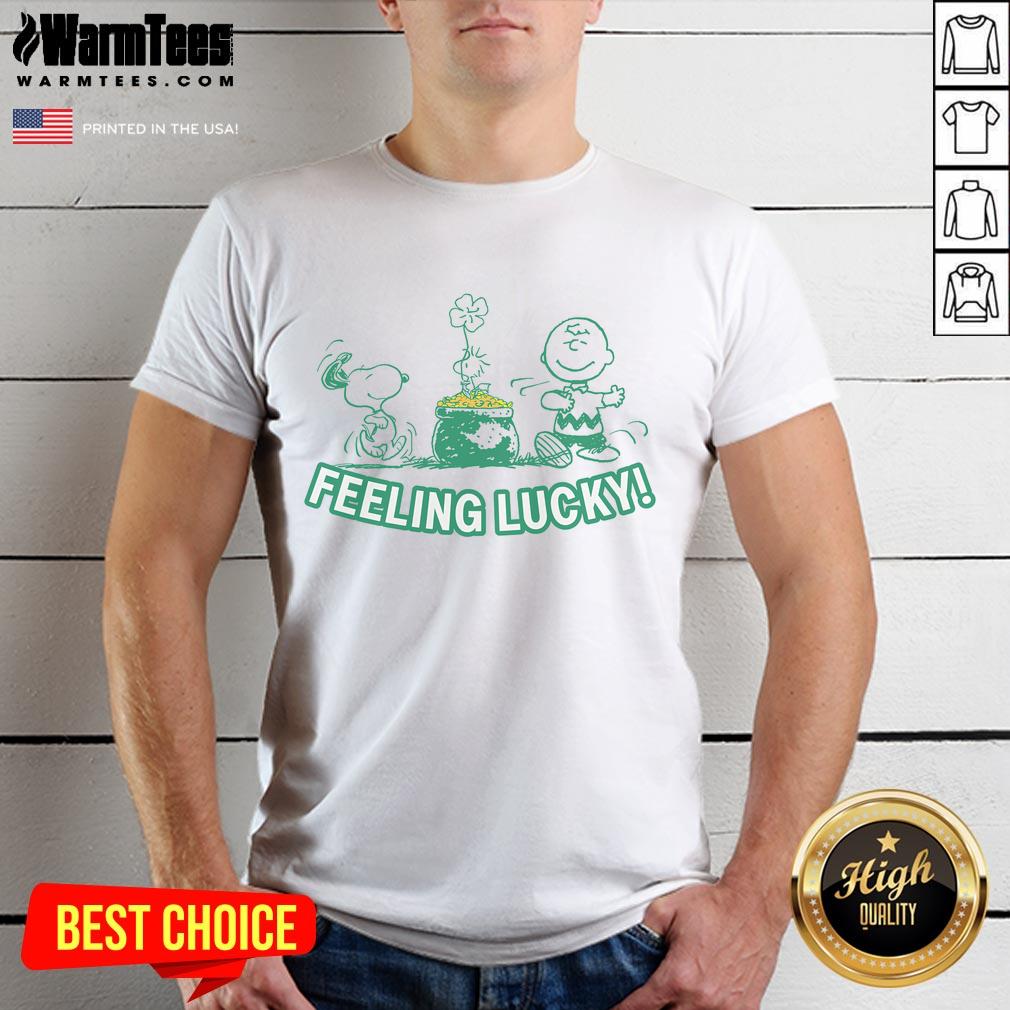 Alt Text: Cute Peanuts Snoopy Feeling Lucky T-Shirt featuring Snoopy with a cheerful expression, perfect for fans of the Peanuts comic.