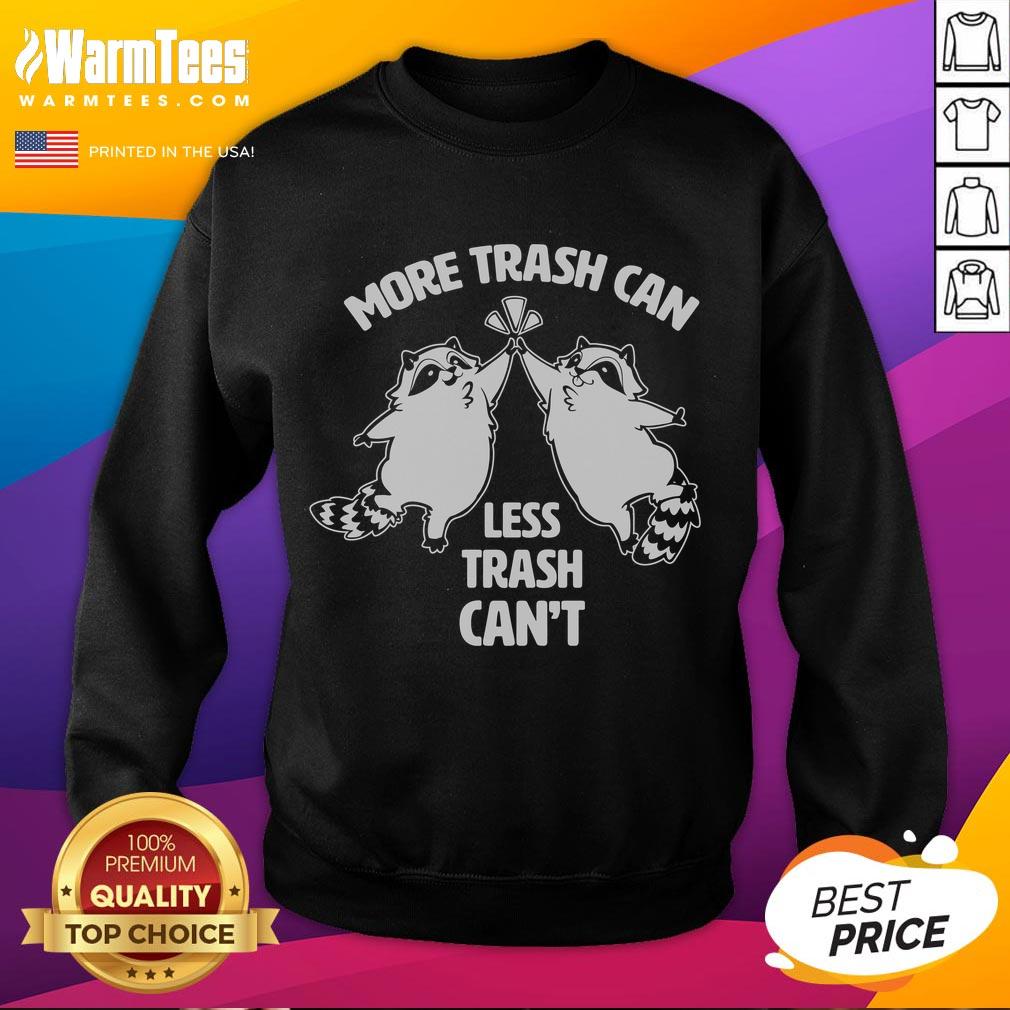 Cute raccoon peeking out of a trash can on a sweatshirt, showcasing playful design and the phrase More Trash Can, Less Trash Can't.