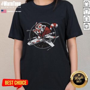 Cute red panda in a Star Wars theme, standing beside a ladies' tee design, perfect for fans and fashion lovers.