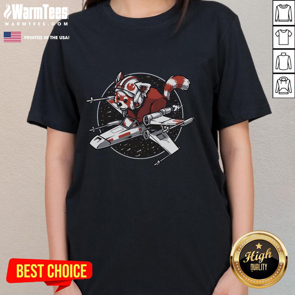 Cute red panda in a Star Wars theme, standing beside a ladies' tee design, perfect for fans and fashion lovers.