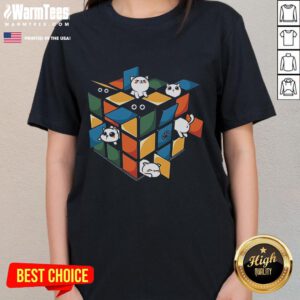 Cute Rubikittens on a Rubik's Cube design for cat lovers, featured on a trendy ladies' tee.