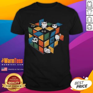 Adorable Rubikittens cat graphic on a colorful Rubik's Cube T-shirt, perfect for cat lovers and puzzle enthusiasts.