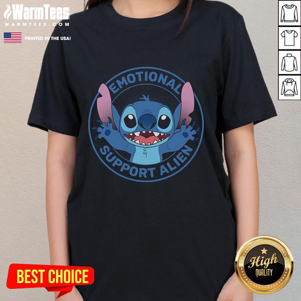 Adorable Stitch emotional support alien graphic on a ladies tee, perfect for fans of cute and quirky apparel.