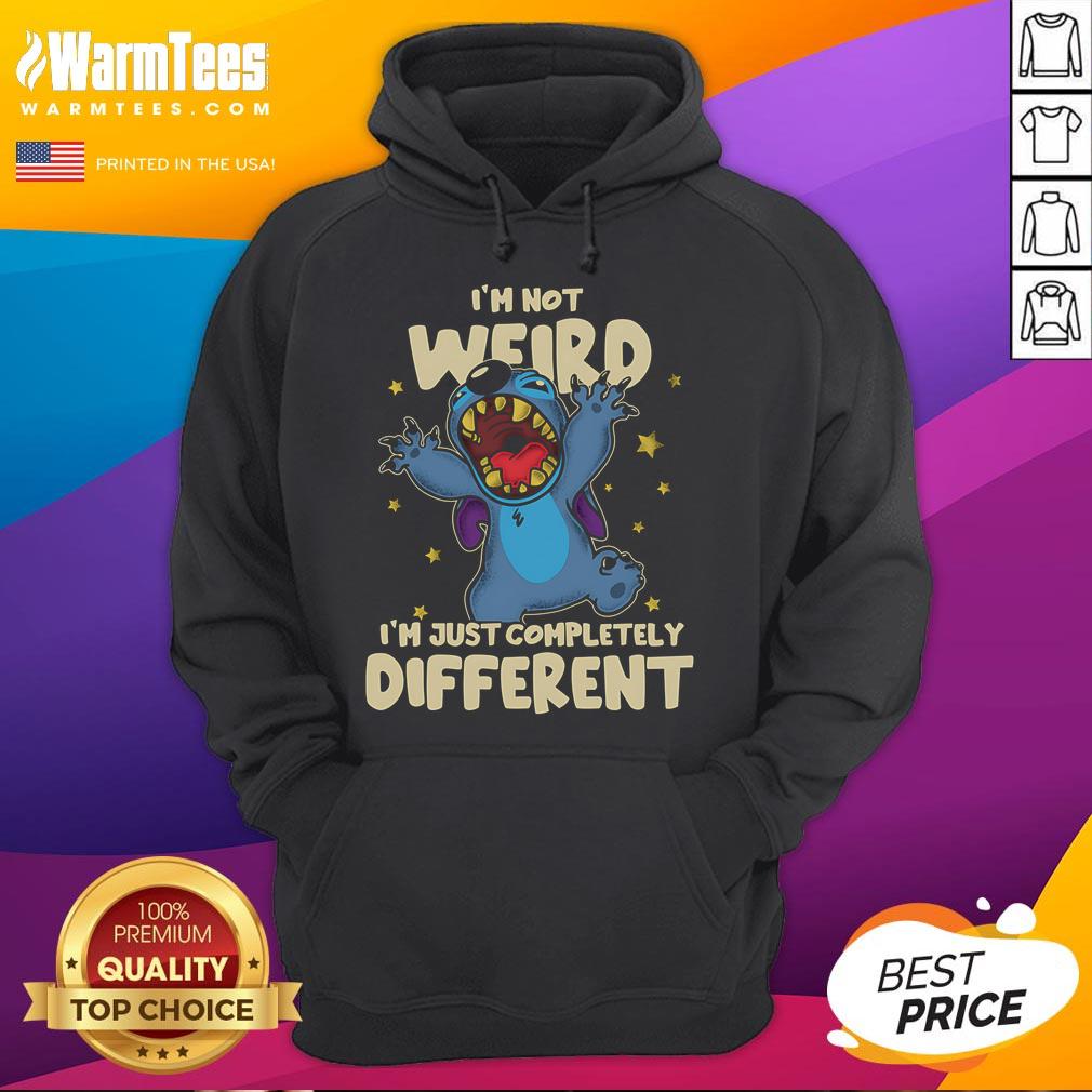 Alt Text: Cute Stitch hoodie with 'I'm not weird, I'm just completely different' text, perfect for Disney fans.