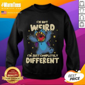 Cute Stitch sweatshirt with 'I'm not weird, I'm just completely different' design, perfect for Disney fans.