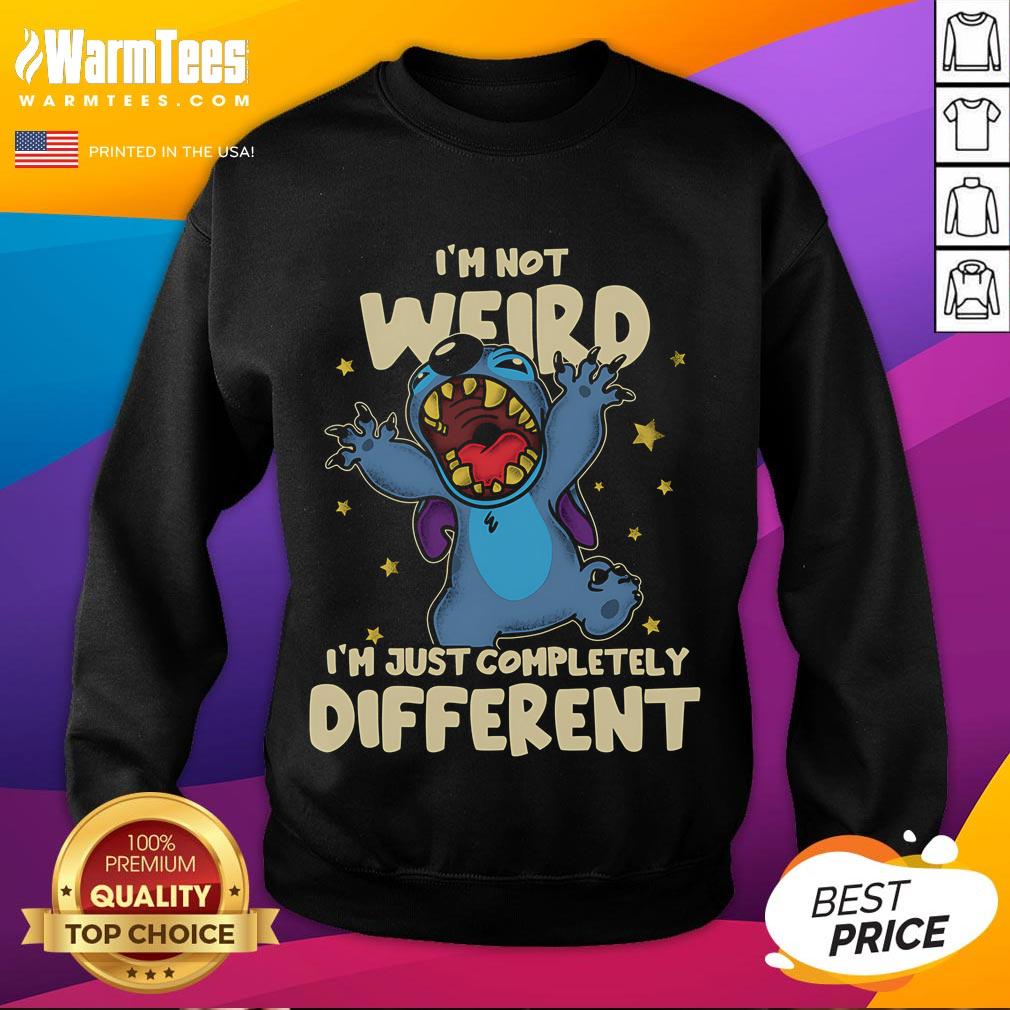 Cute Stitch sweatshirt with 'I'm not weird, I'm just completely different' design, perfect for Disney fans.