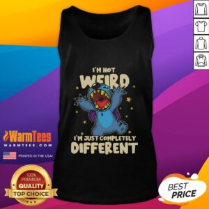 Cute Stitch tank top with 'I'm not weird, I'm just completely different' text, perfect for Disney fans.