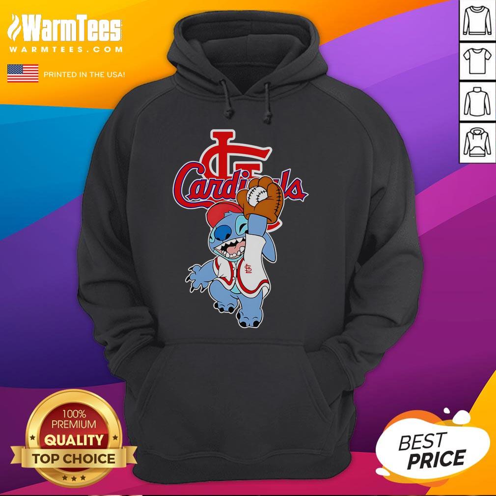 Cute Stitch playing baseball in a St. Louis Cardinals hoodie, perfect for fans of stylish sportswear.