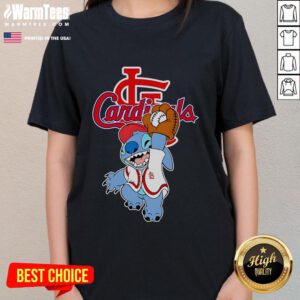 Alt Text: Cute Stitch playing baseball in a St. Louis Cardinals ladies tee, showcasing team spirit and style.