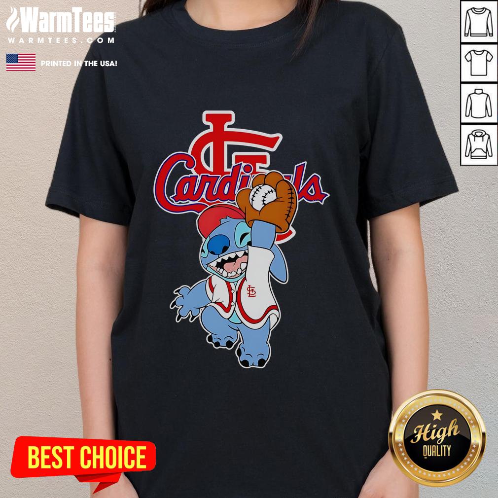 Alt Text: Cute Stitch playing baseball in a St. Louis Cardinals ladies tee, showcasing team spirit and style.
