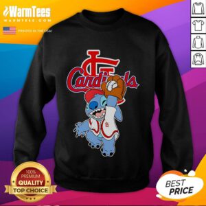Cute Stitch playing baseball in a St. Louis Cardinals sweatshirt, perfect for fans and casual wear.