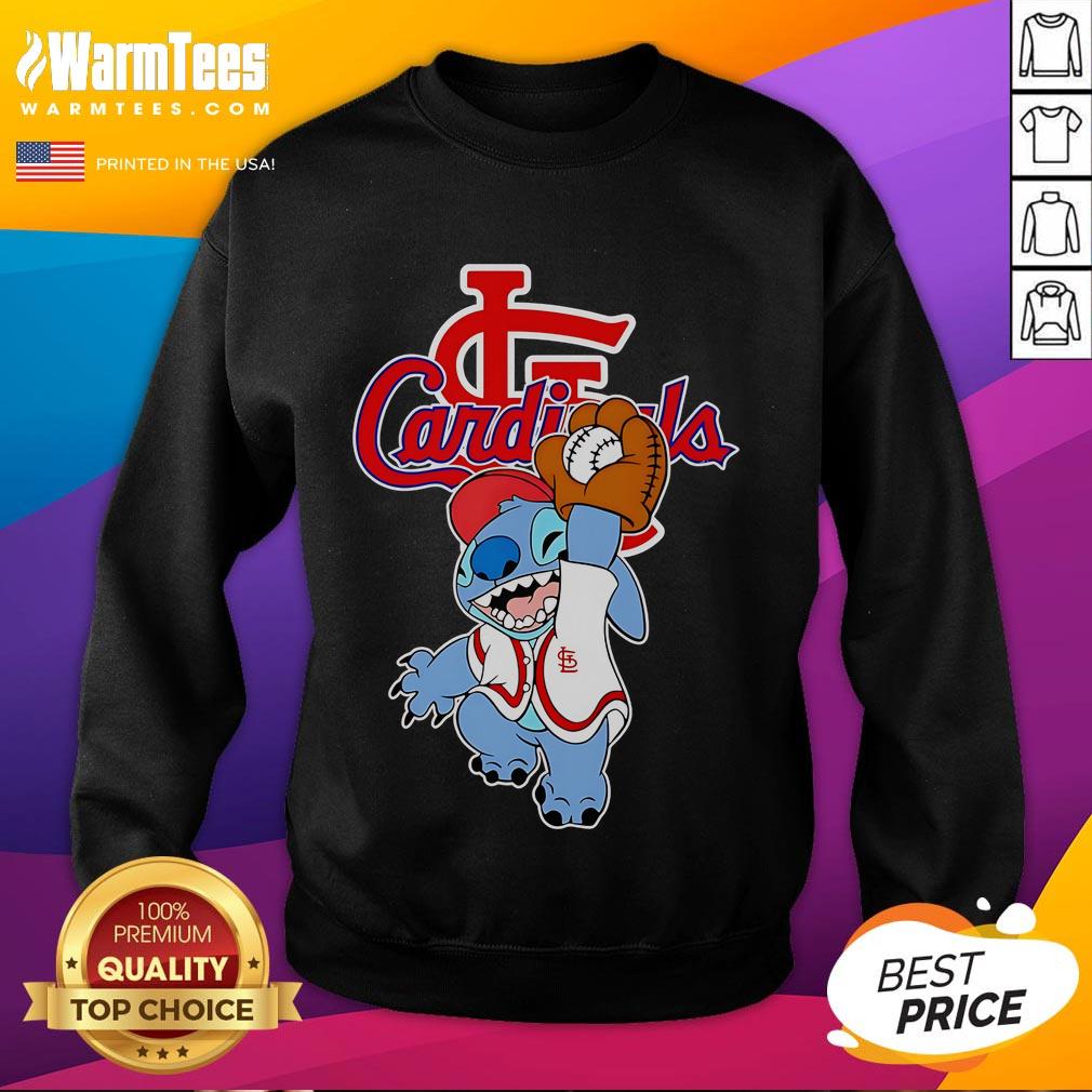 Cute Stitch playing baseball in a St. Louis Cardinals sweatshirt, perfect for fans and casual wear.