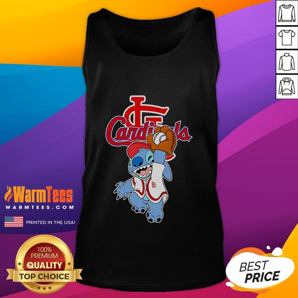 Cute Stitch playing baseball in a St. Louis Cardinals tank top, perfect for fans and summer outings.