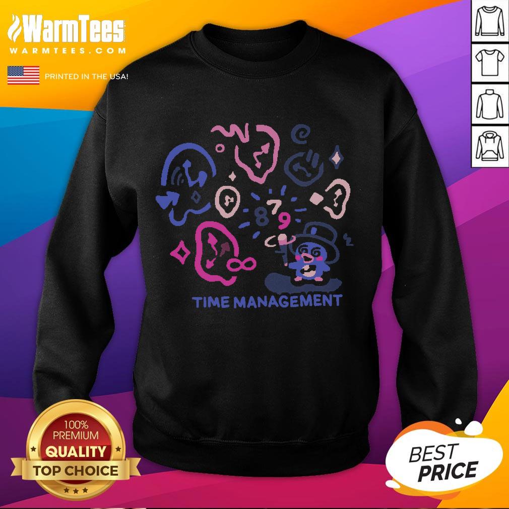 Alt Text: Cute time management magician duck with clocks design on a cozy sweatshirt, perfect for quirky fashion lovers.