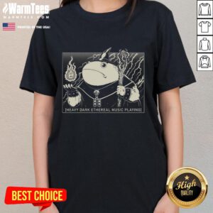 Adorable wizard frog design on a heavy dark tee, perfect for ladies who love ethereal music and whimsical fashion.