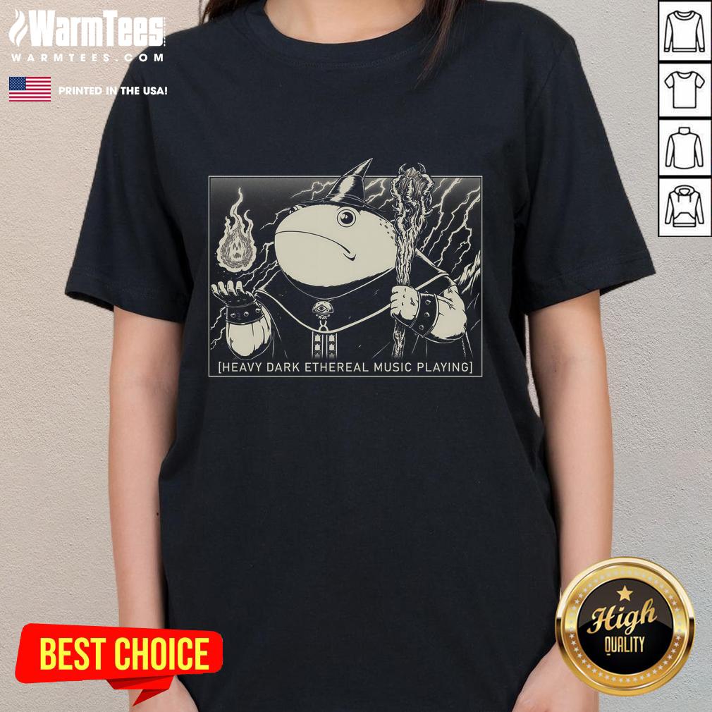Adorable wizard frog design on a heavy dark tee, perfect for ladies who love ethereal music and whimsical fashion.