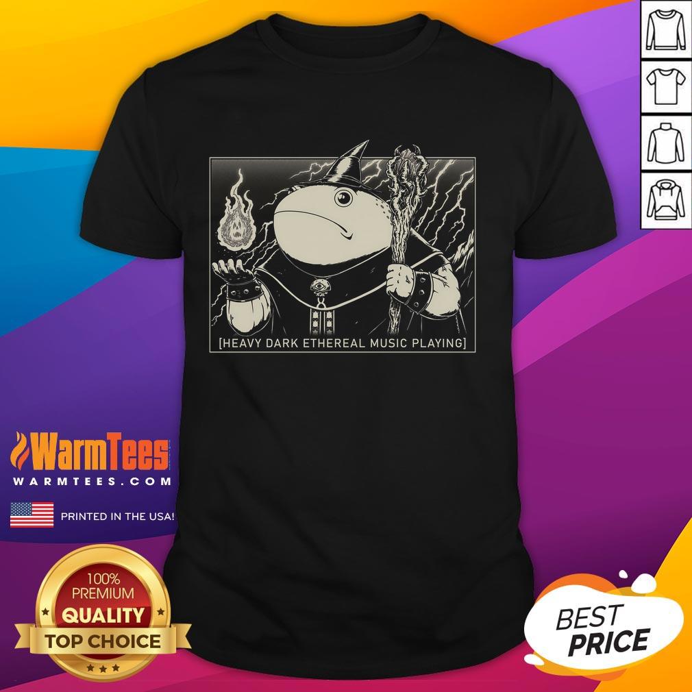Adorable wizard frog design on a t-shirt, featuring heavy dark ethereal music themes. Perfect for music lovers and fantasy fans!