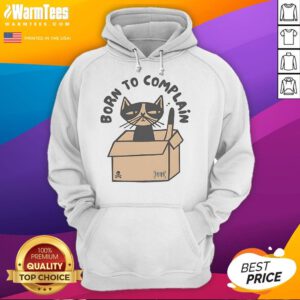 Funny cat in a cardboard box wearing a 'Born to Complain' hoodie, showcasing playful humor and adorable antics.