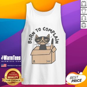Funny cat in a cardboard box wearing a 'Born to Complain' tank top, perfect for cat lovers and humor enthusiasts.