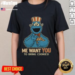 Funny Cookie Monster t-shirt with 'Me Want You To Bring Cookies' slogan, perfect for cookie lovers and humor fans.