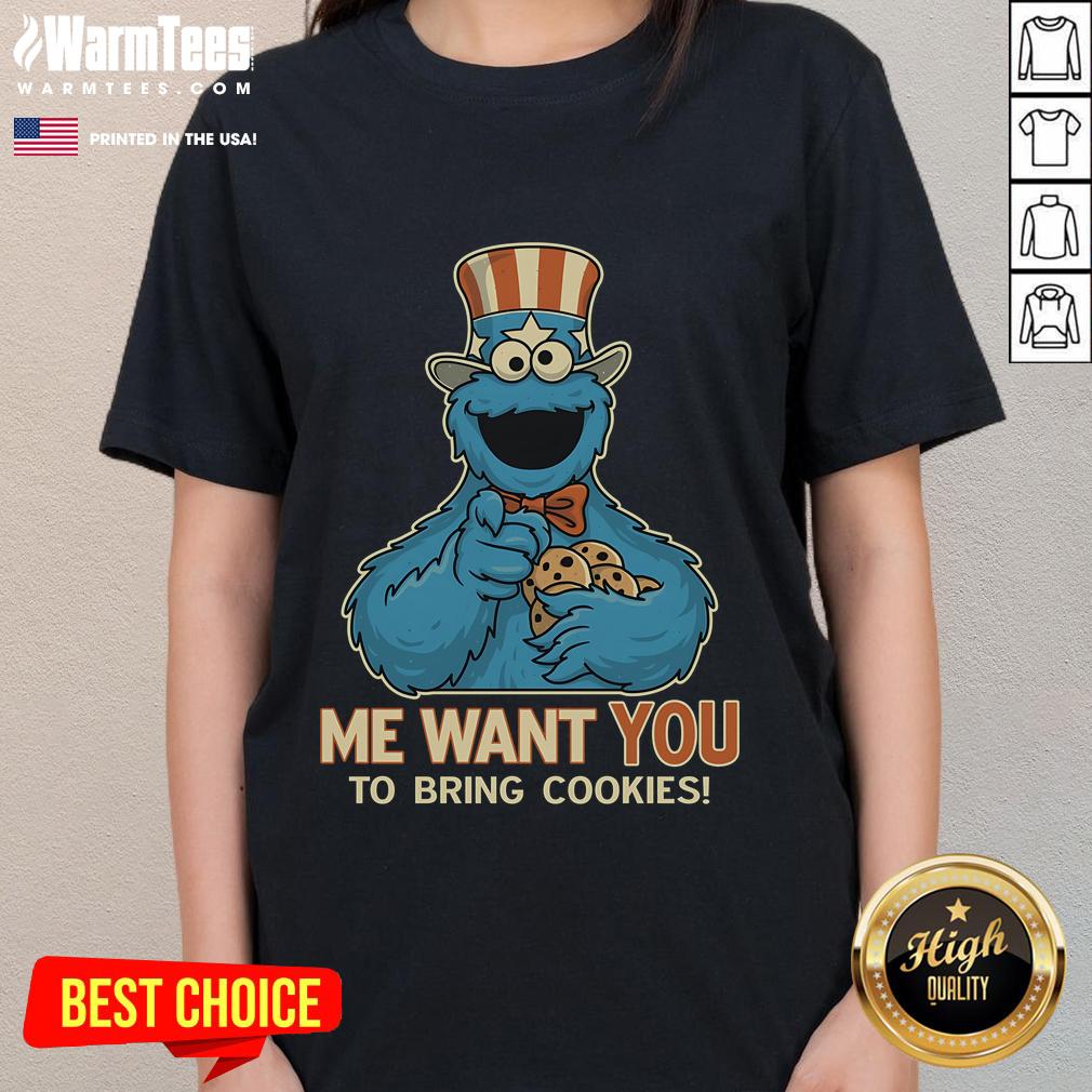 Funny Cookie Monster t-shirt with 'Me Want You To Bring Cookies' slogan, perfect for cookie lovers and humor fans.