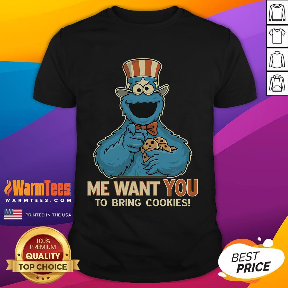 Funny Cookie Monster T-Shirt with 'Me Want You To Bring Cookies' slogan, perfect for cookie lovers and fans.